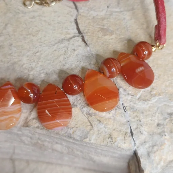 Custom made Natural Carnelian Agate Necklace and Bracelet, real leather